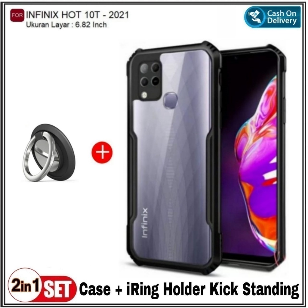 Case Infinix Hot 10T, Smart 6 NFC Soft Hard Shockprooft Transparant Cover Free Ring