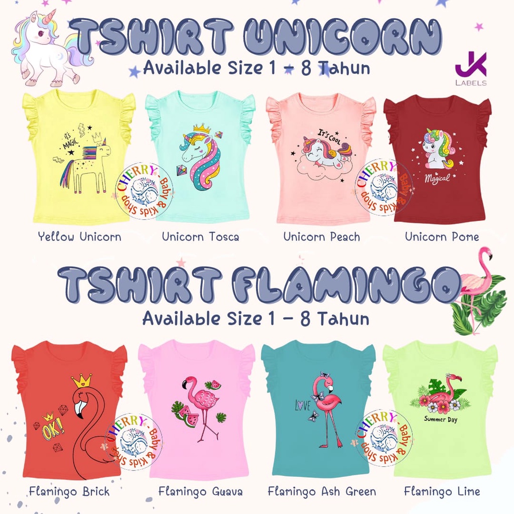 Tshirt 1-8 Tahun Kazel x JK Label Girl Unicorn Flamingo Tshirt Anak Tshirt Ruffle Anak Perempuan Motif Adem CBKS