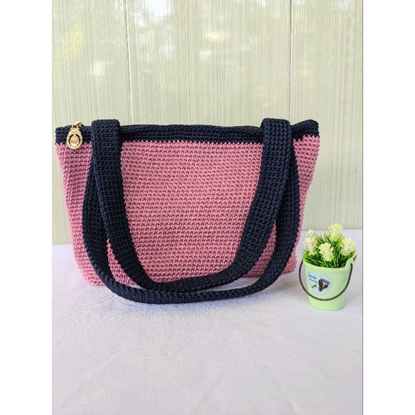 Tas Pesta Rajut | Tas Jinjing Rajut warna kombinasi pink dan navy