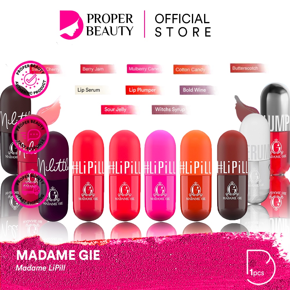 MADAME GIE Madame LiPill Indonesia / Lipstick Lip Serum Plumper Primer BB Foundation Loose Powder Lipstick Eyeshadow Blush On Eyeliner Eyebrow Mascara Matte Gloss Balm Kutek / Facial Wash Toner Essence Sunscreen Moisturizer Cream Mask Masker Body / Paket