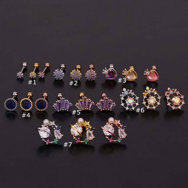 1piece Multicolor Helix Pinna Upper Lobe Ear Stud Piercing Stainless Steel with Zircon 20G