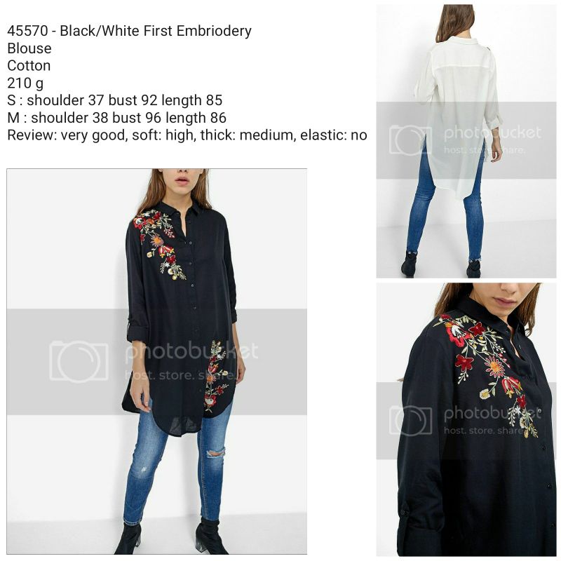 Tunik berkerah bordir bunga hitam putih lengan panjang