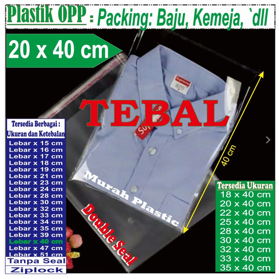 (TERMURAH) Plastik OPP TEBAL 20 x 40 isi 100 pcs +lem/baju/kemeja/jeans/hoodie/dll