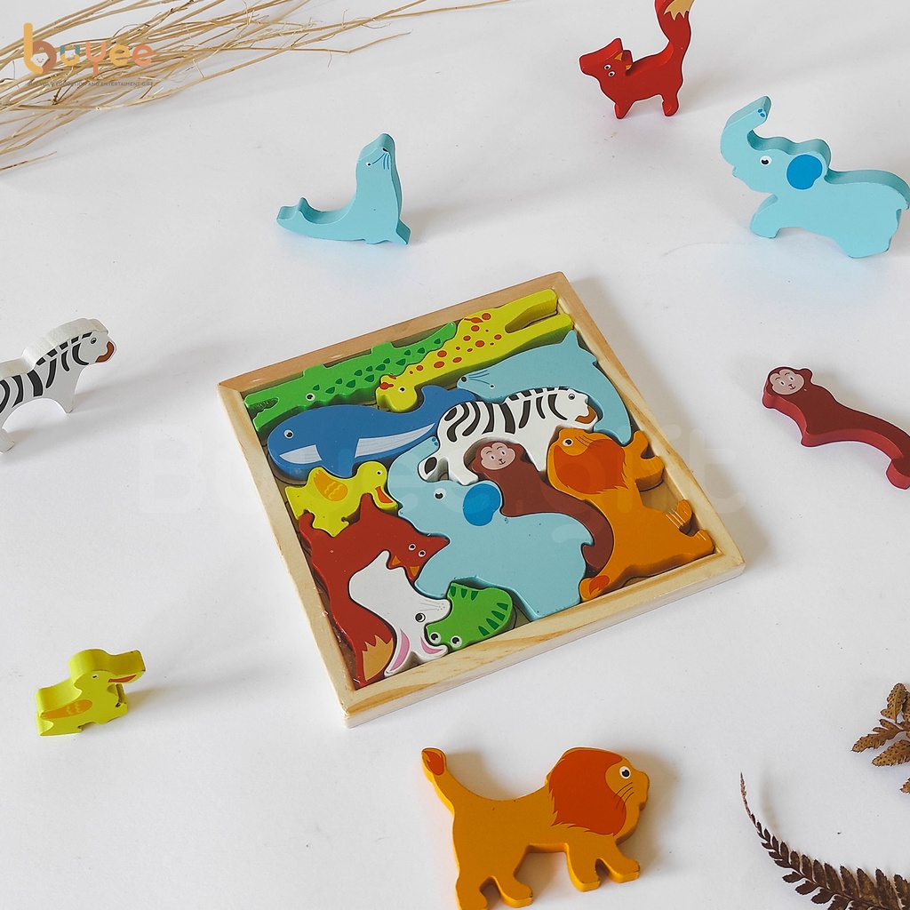 Mainan Edukasi Puzzle Hewan 3D |  Wooden Animal Balance Chunky Puzzle