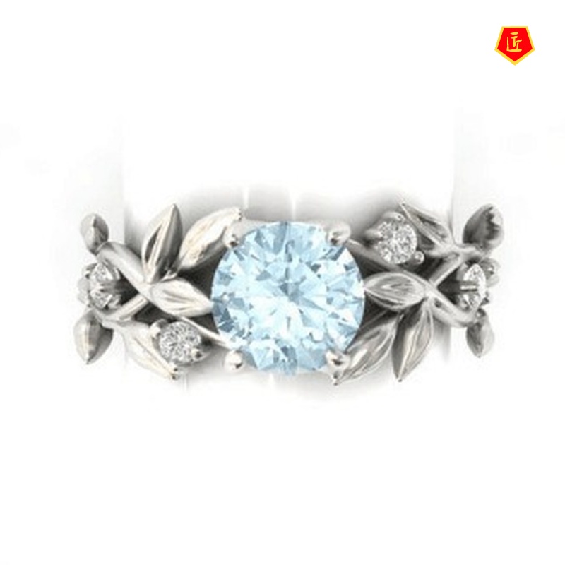 [Ready Stock]Creative Diamond Sapphire Olive Leaf Ring