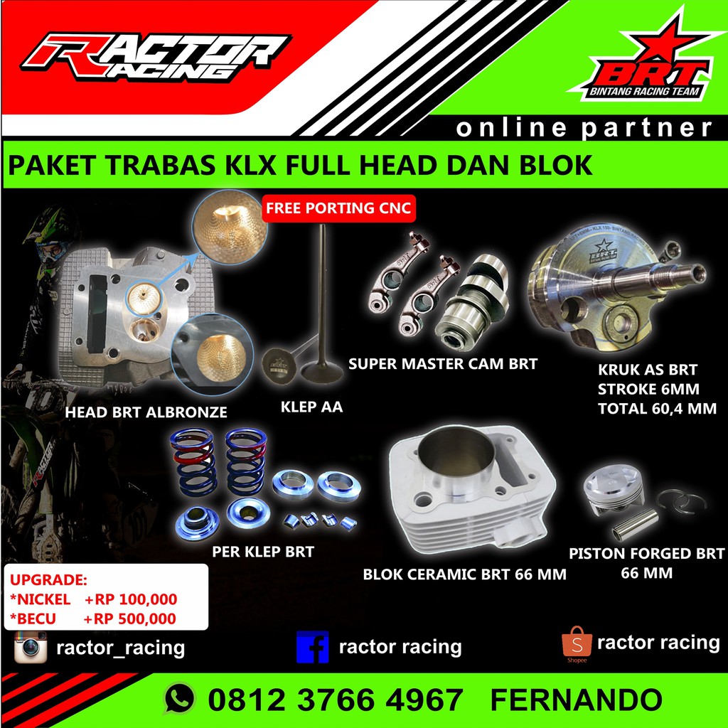 PAKET TRABAS BORE UP KLX 150 BRT FULL HEAD DAN BLOK BRT