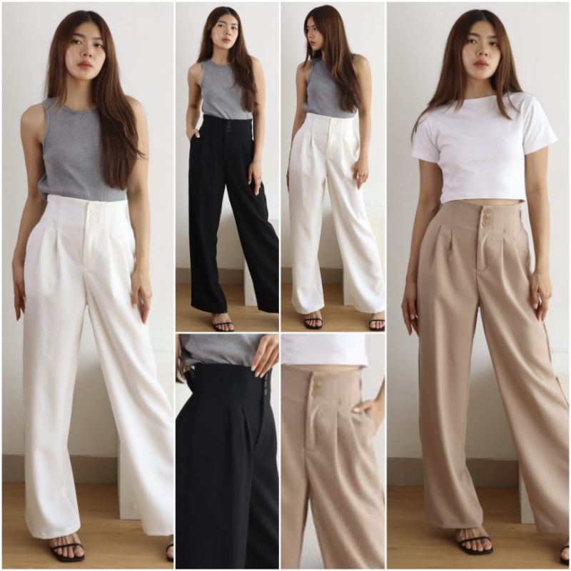 ⚡️CLEARANCE SALE ♡ PREMIUM ♡ ORIGINAL ! CANTAYA HIGH WAIST PLAIN BUTTON LONG CULLOTE  PANTS / CELANA KULOT PANJANG