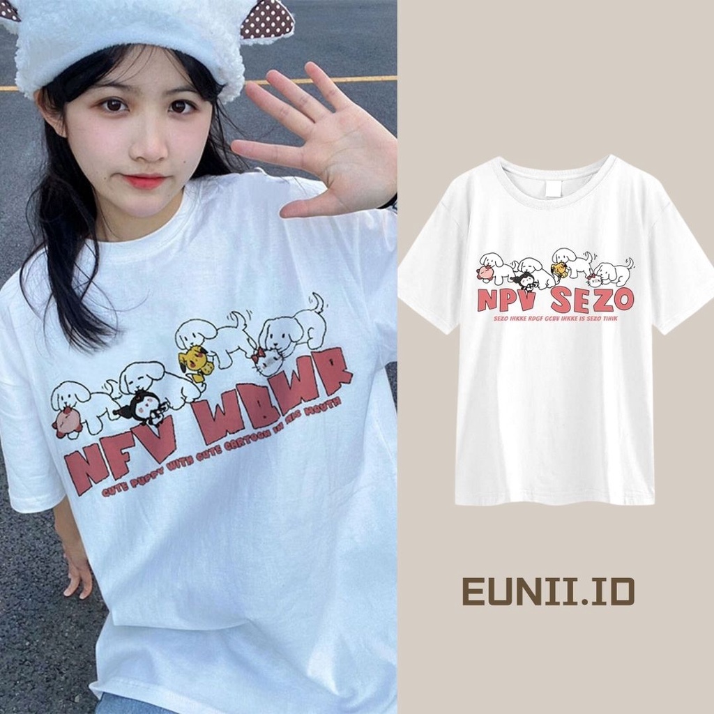 EUNII T-shirt Lengan Pendek Cetakan Anjing Longgar Gaya Korean Style /Kaos Atasan Wanita/Baju Kaus Oversize Wanita