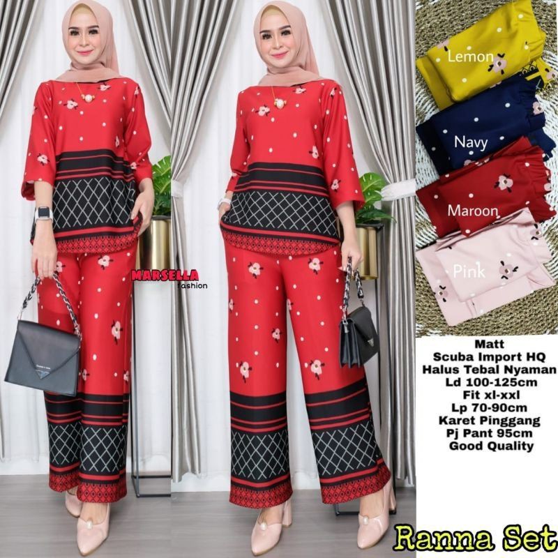 Setelan Scuba Jumbo Premium Motif Bunga Set Wanita Celana Panjang Kulot Jumbo Scuba - Ranna Set Klip