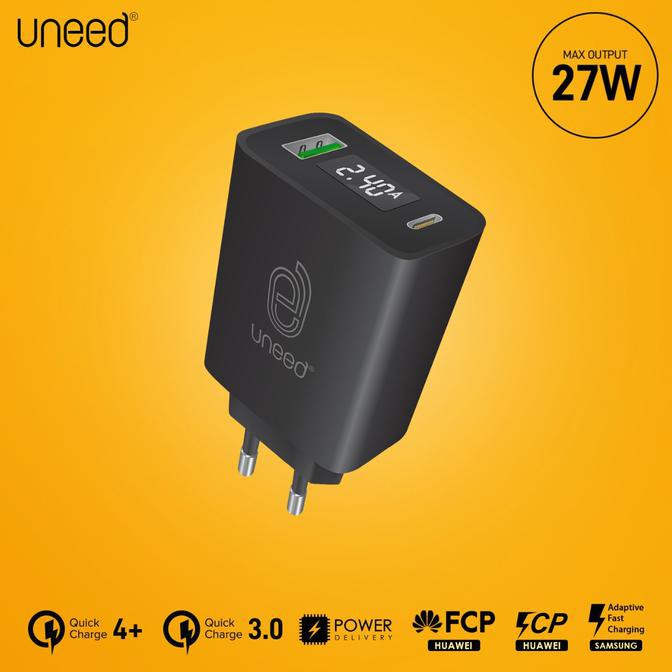 UNEED QuickPlug Smart Charger QC 4.0 & PD with LED Display - UCH404+ - Hitam