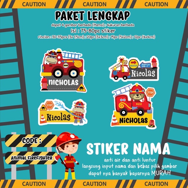 

85PCS Stiker Nama Anak Fire fighter/animal firefighter/police man/boss baby/mobile legends