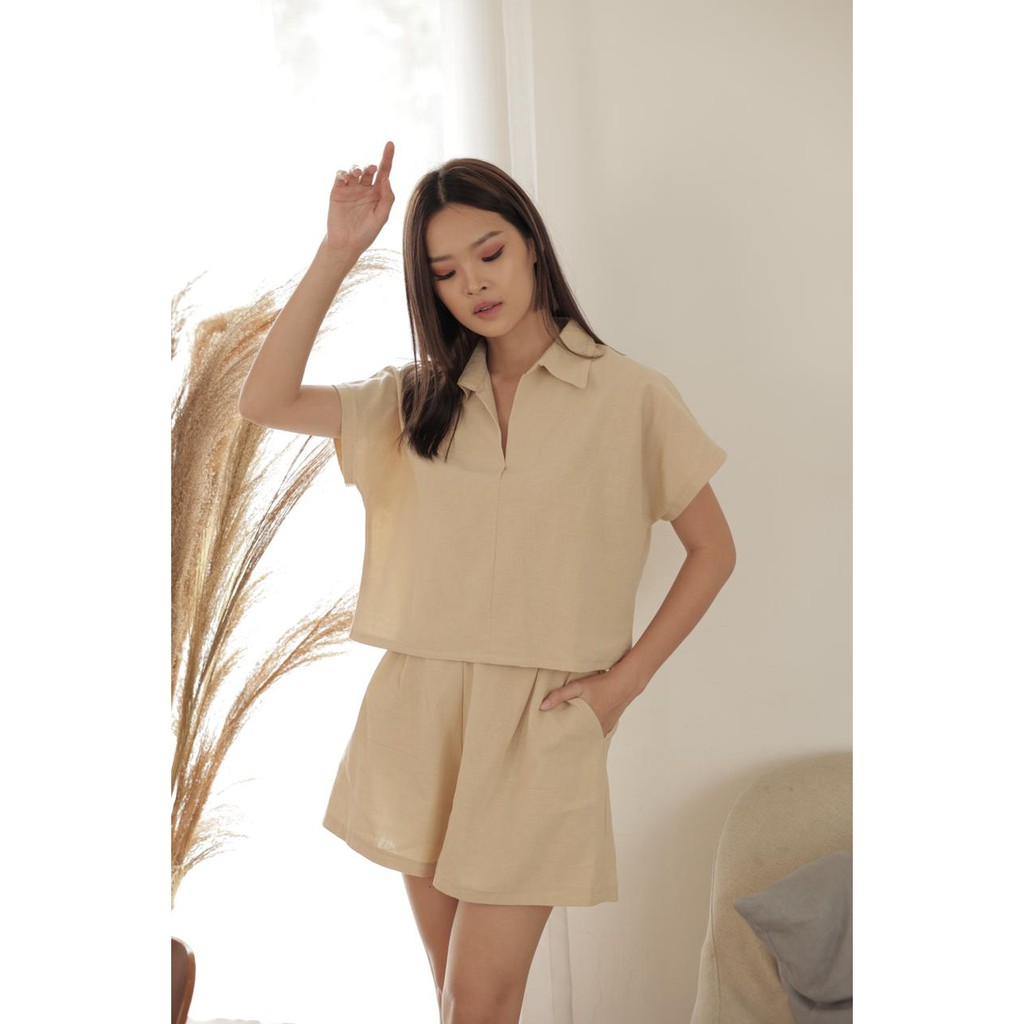 Georgia Set | Baju Wanita Bahan Linen | Baju Set Wanita Tangan Pendek Celana Pendek