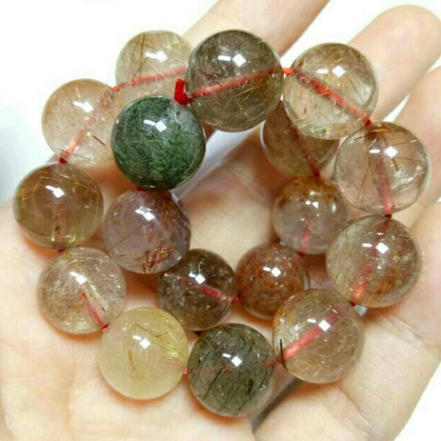 C232. Gelang Batu Kecubung JarumSerat EMAS-MERAH-HIJAU Sendana.NATURAL GOLD-RED-GREEN HAIR RUTILATED