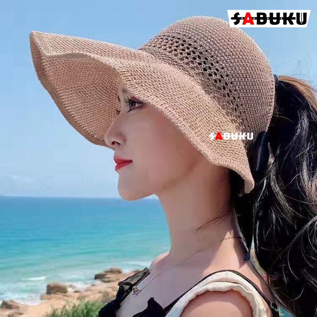 Topi Pantai Rajut Pita Topi Pelindung Sinar Matahar Rajut Sun Visor Hat Topi Visor Lipat Wanita Topi Lebar Fashion Korea - 229