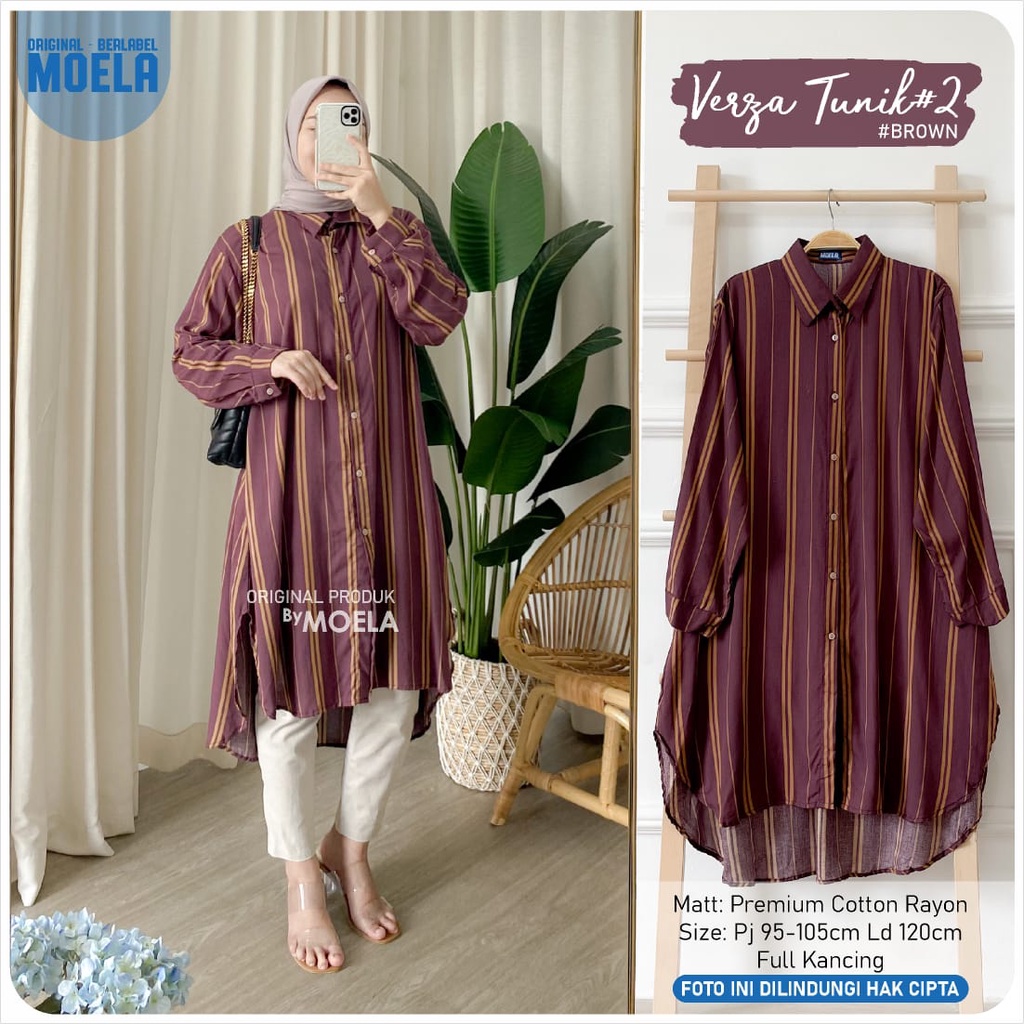 tunik ld 120cm VERZA by ORI MOELA premium ZARACREPE motif salur berkerah full kancing atasan MUSLIM 