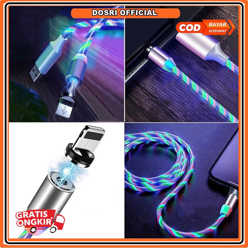 [BISA COD] Kabel Data Magnet Led Charger Micro USB Magnetik Fast Charging untuk IOS Andorit 3 in1 LEd