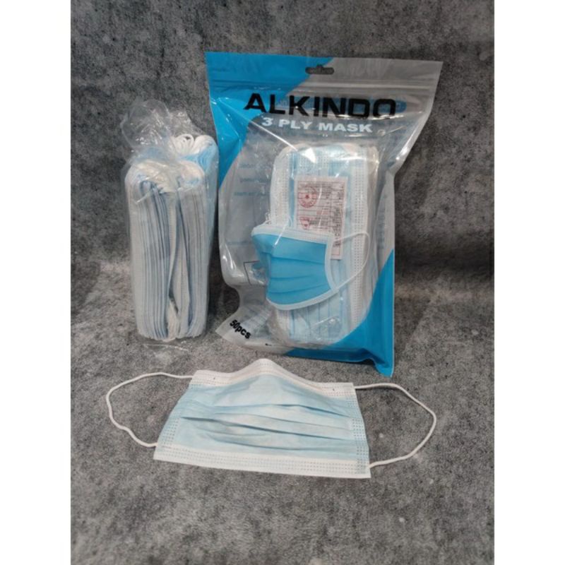 Masker alkindo biru 3 Ply earloop kemasan pouch isi 50 pcs