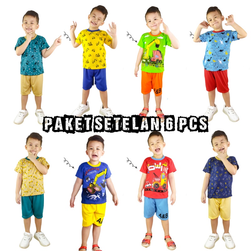 Paket Usaha Reseller Grosir Isi 6 Pcs Baju Kaos Setelan Anak Laki-Laki Cowok Motif Random