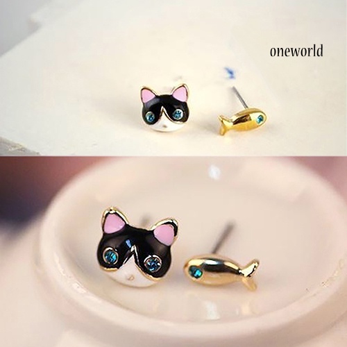 OW@ 1 Pair Korean Women Cute Cat Fish Rhinestone Stud Earrings Fashion Jewelry