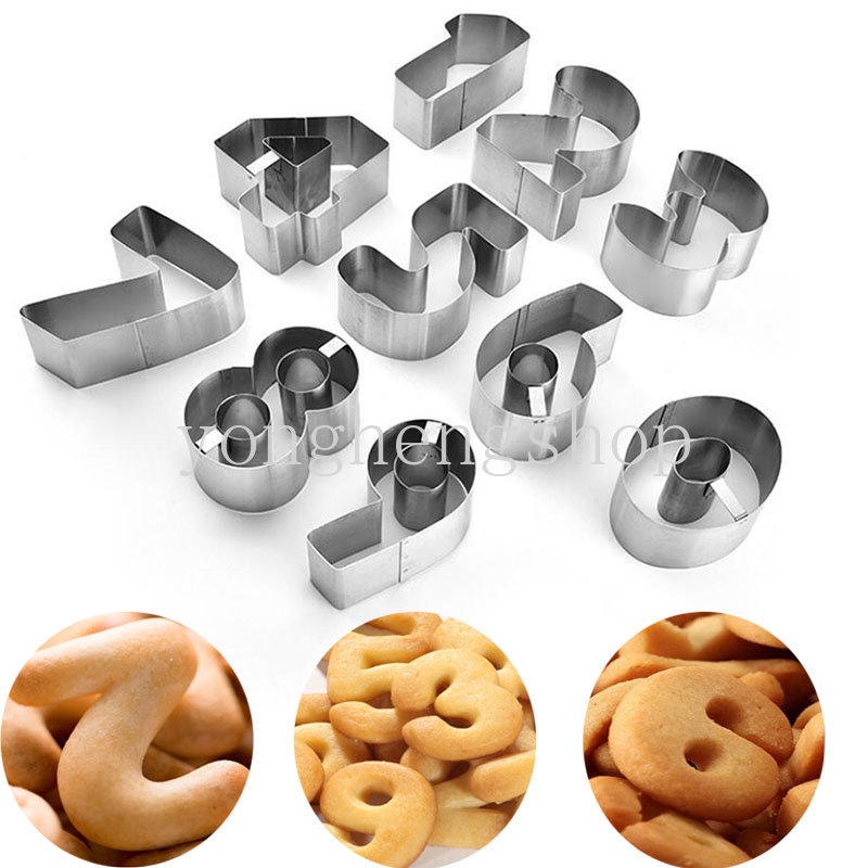 9 Pcs / set Cetakan Kue / Biskuit / Buah Bentuk Angka 3D Bahan Stainless Steel Untuk Dekorasi