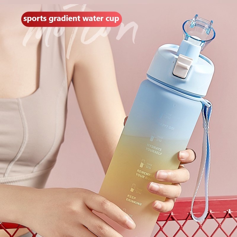 1000/2000ML Sport Water Bottle Portable Gradient Bottle Transparent Straw Water Cup Large-capacity Timer Indicator Sports Fitness Outdoor Travel Tumbler