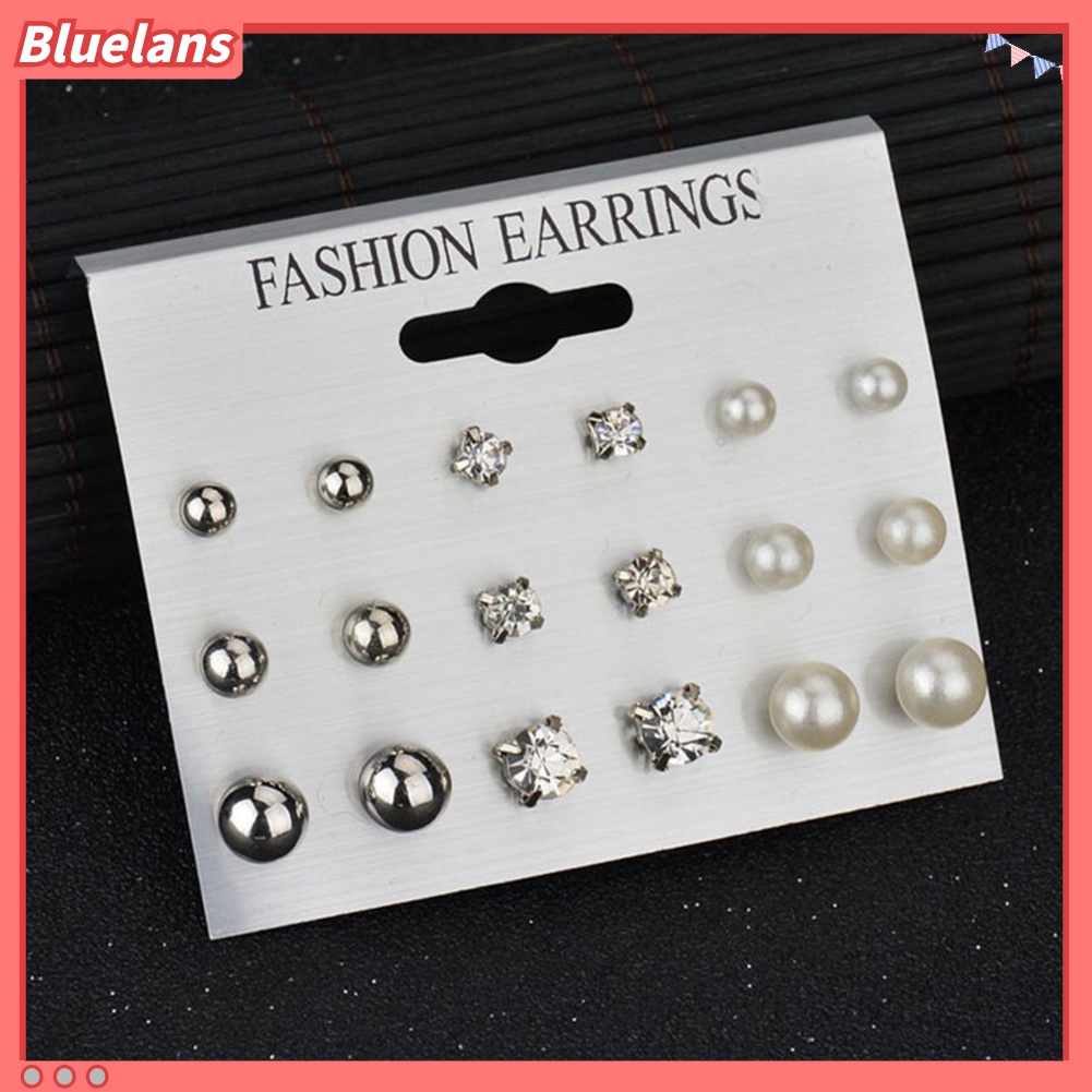 9 Pasang Anting Stud Mutiara Berlian Imitasi Untuk Wanita