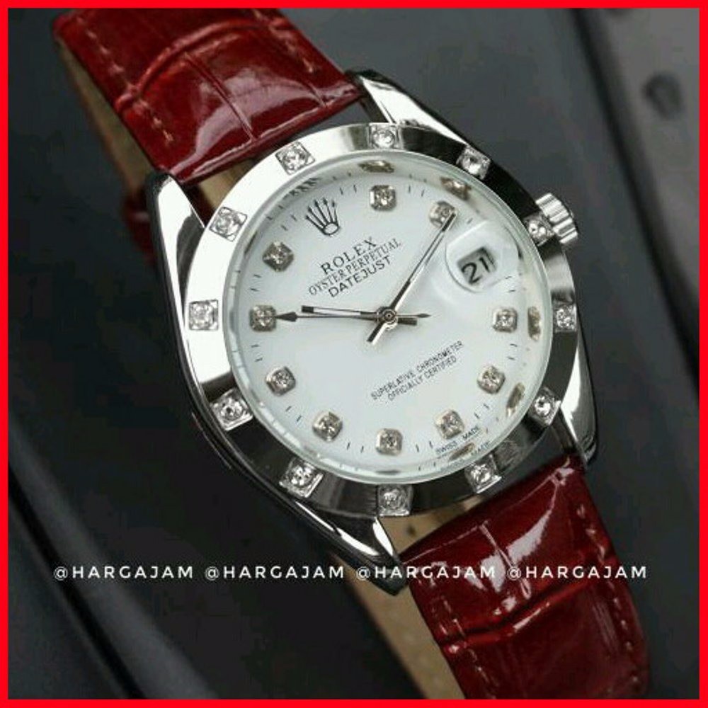 Jam Tangan Wanita Automatic Rolex R1003 Oyster Perpetual Kulit Maroon Plat Putih hargajam harga jam