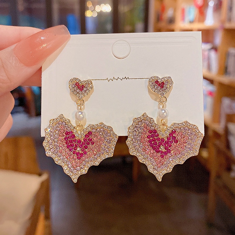 Anting Tusuk Berlian Imitasi Bentuk Hati Warna Pink Bahan silver 925 Untuk Wanita