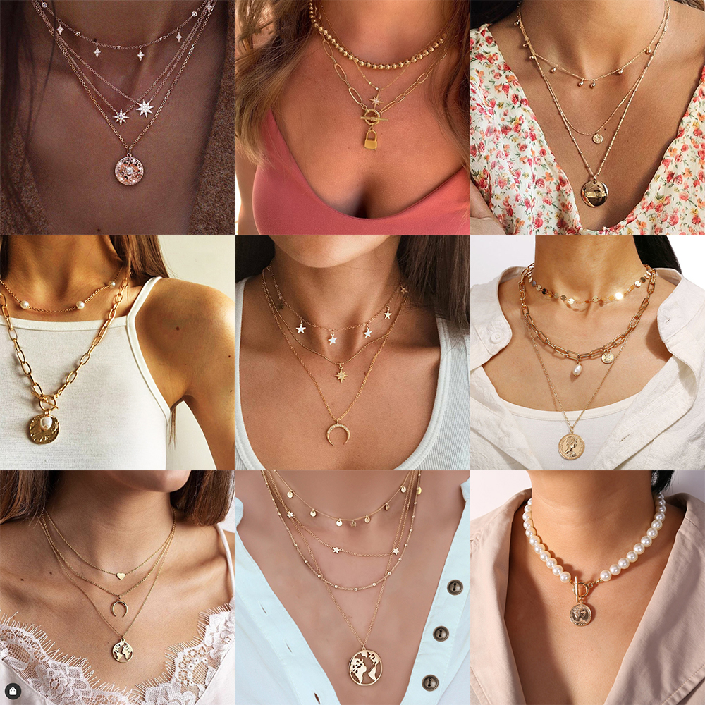 YEEZII 20Types Korea Multilayer Kalung Emas Liontin Fashion Retro Bohemian Kalung Emas Rantai Wanita Perhiasan Aksesoris