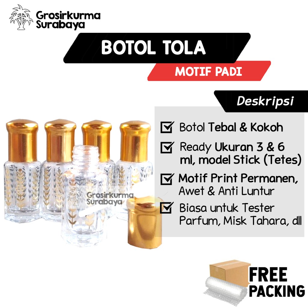 Botol Tola Kosong Motif Padi 3 &amp; 6ml Untuk Misk Tahara Surrati Parfum Al Jazeera Miniatur Wewangian