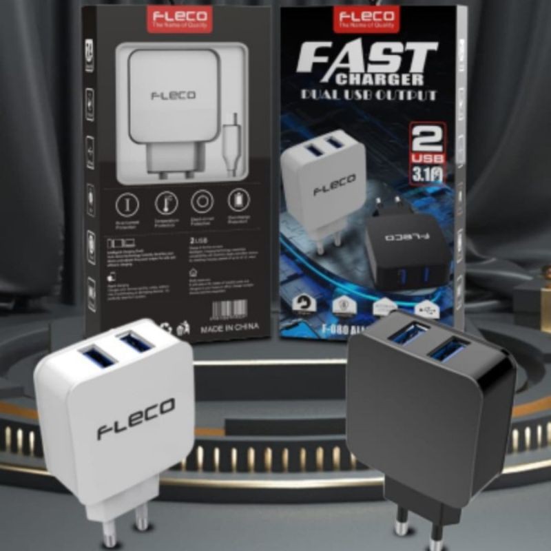 Charger/TC Micro USB Dual colokan 3.1Amper By Fleco Fast Charging