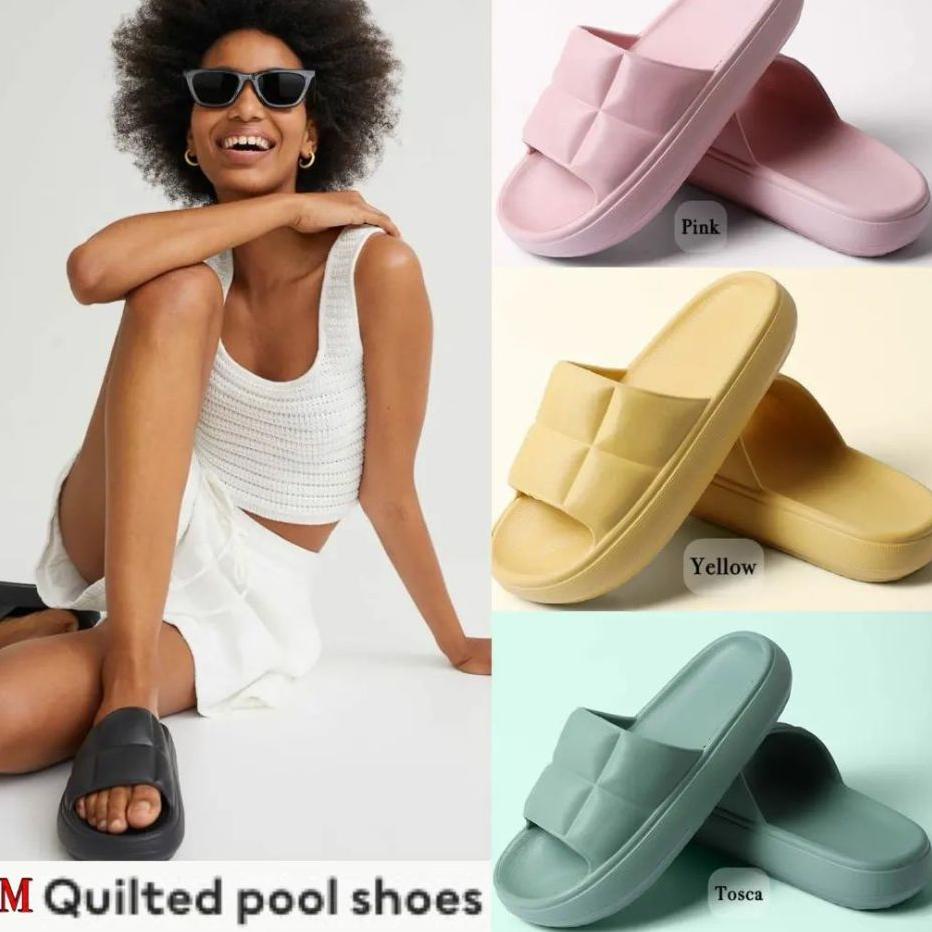 {Th31au22ᴮ} HM QUILTED POOL SANDALS - Sandal Flat Karet - Sandal Wanita