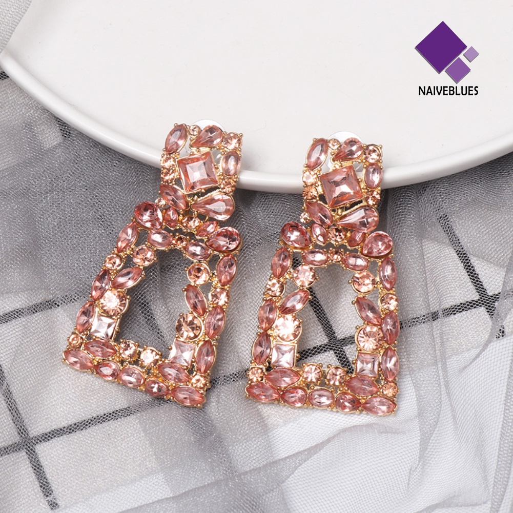 Anting Stud Berlian Imitasi Model Hollow Out Geometris Untuk Wanita