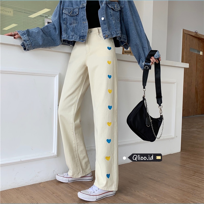 Heart Embroidery Celana Jeans/celana jeans wanita terbaru/high-waist straight-leg wide-leg jeans celana highwaist wanita