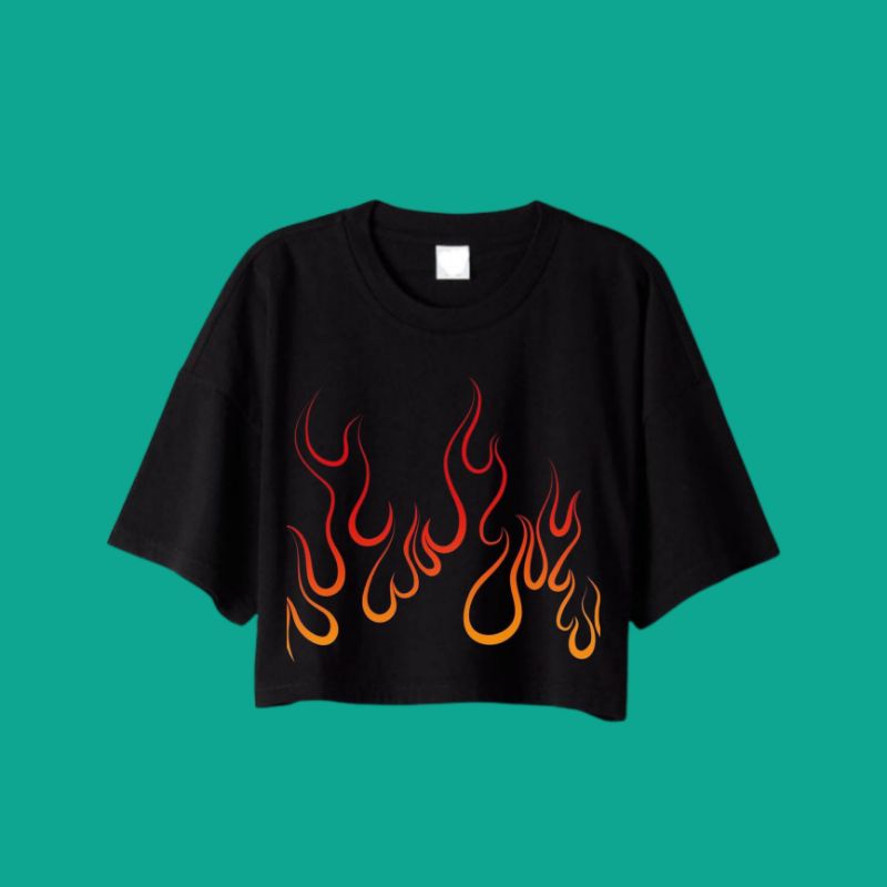 CROP TOP ON FIRE - KAOS BAJU PENDEK OVERSIZE API MENYALA - HITAM WANITA 30s