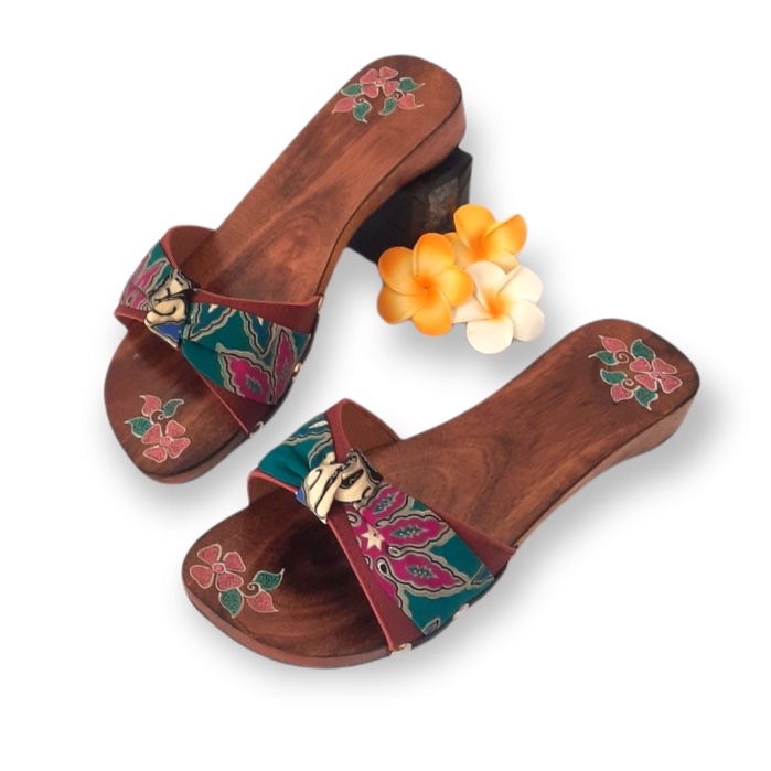 Original Sandal Klompen Kayu Modern Wanita Perempuan Model Slop Motif Batik Bakiak Sulam Biasa Murah