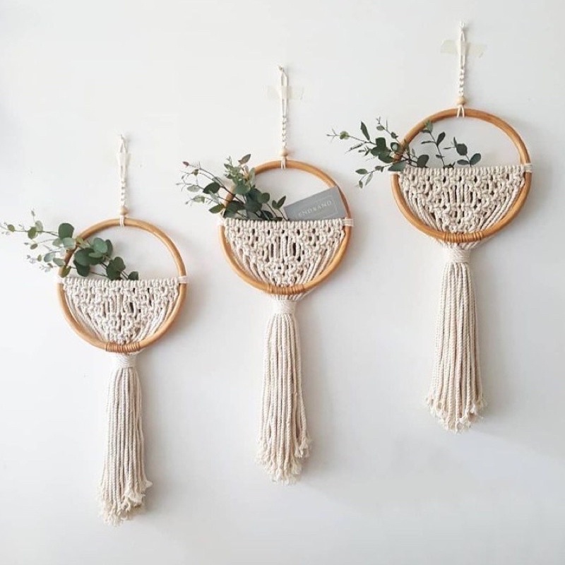 vas ring rotan pot bunga dinding macrame