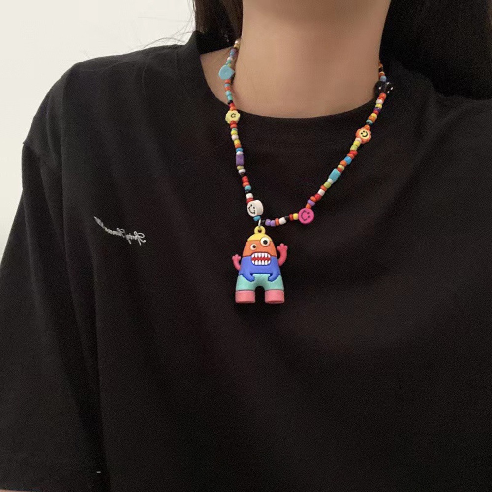 1pc Kalung Liontin Manik-Manik Kartun Kelinci Warna Pink Pelangi Gaya Hip Hop Untuk Wanita