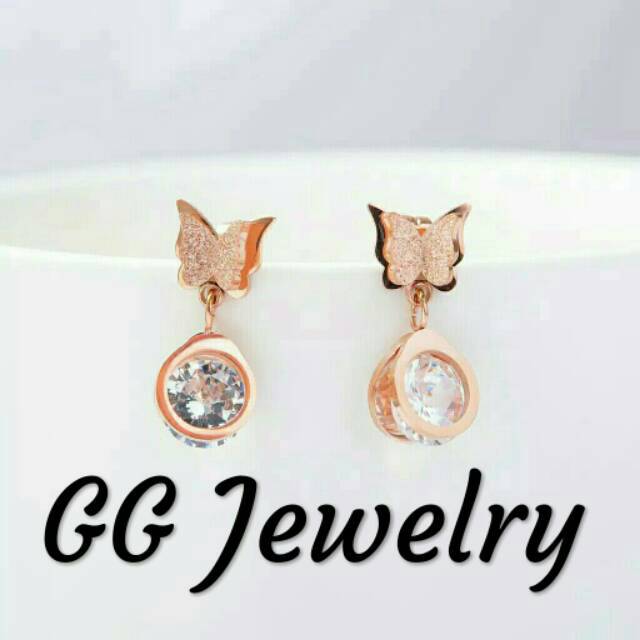 GG Anting Tusuk Berlian kupu kupu Titanium Rose Gold#AT-150