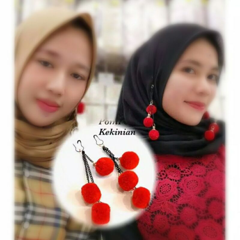 Anting Tri Pompom -anting hijab-anting kekinian-anting remaja -anting mewah bisa COD