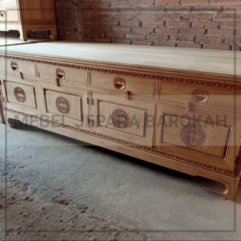 Meja Tv Bufet Tv Ukir China Minimalis Panjang 2 Meter Kayu Jati Mentah