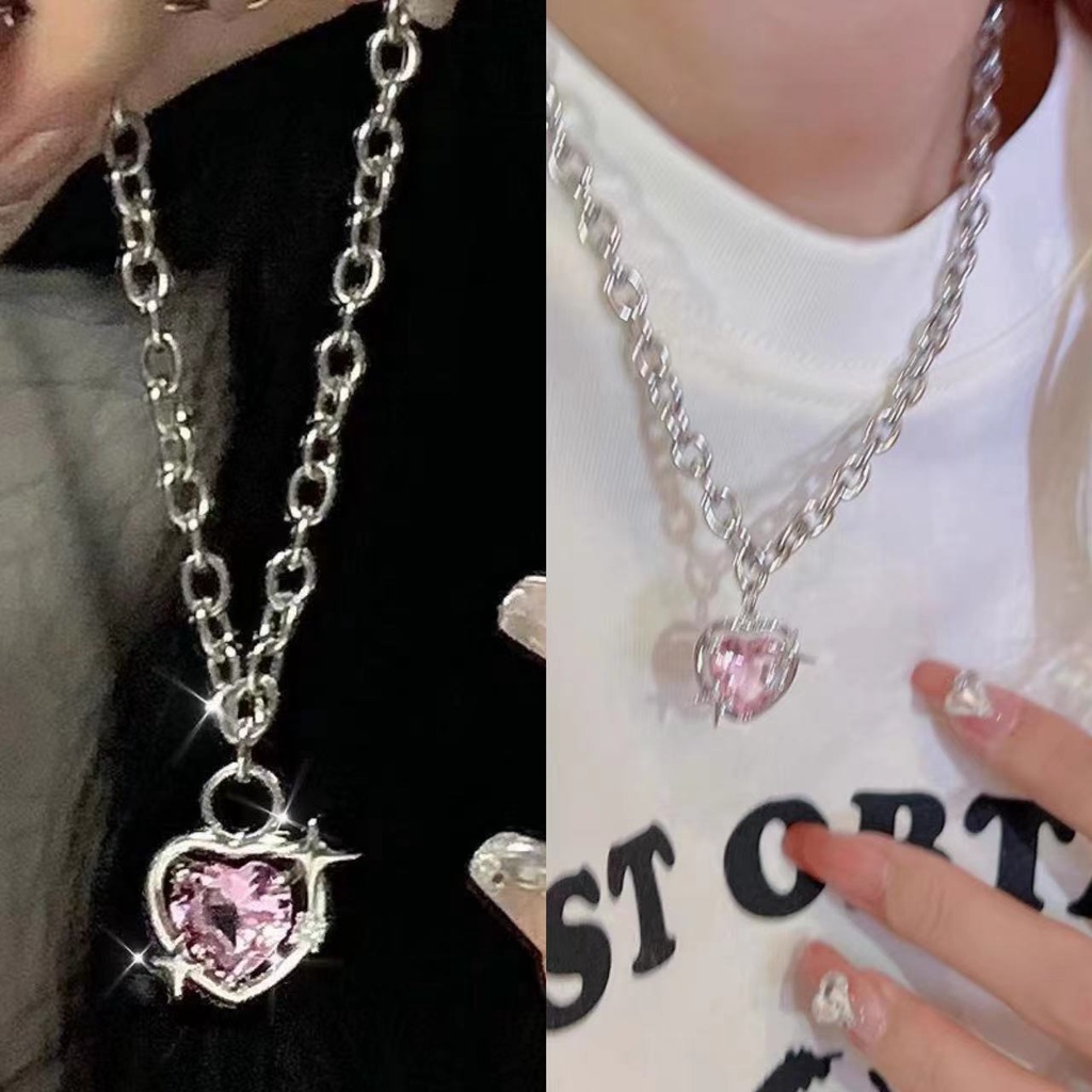 Kalung Rantai Dengan Liontin Hati Warna Pink Untuk Wanita