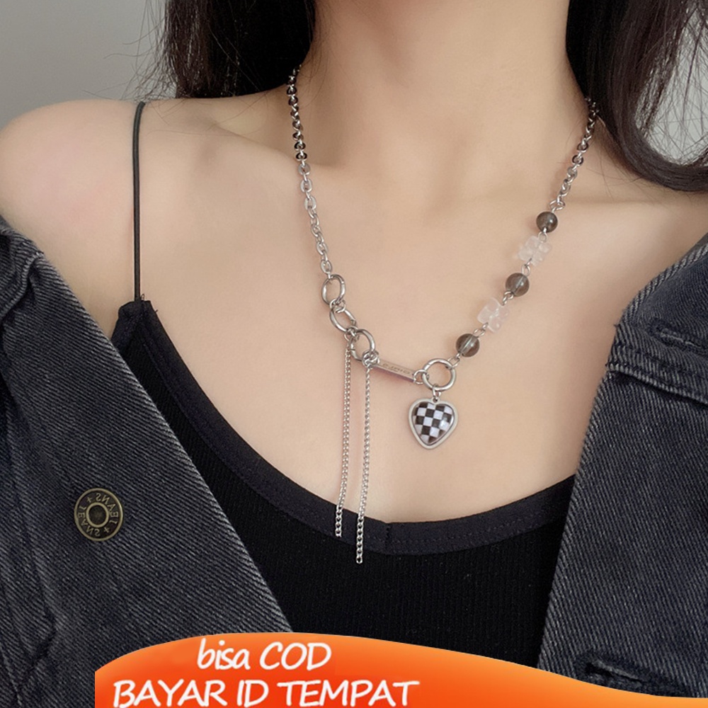 COD❤️Kalung Kotak-kotak Hati Manik-manik Kristal Lucu Wanita Pria Korea Liontin Hip Hop Anti Karat Dan Luntur Mewah Multi-layer Retro Murah Import Ready Stock