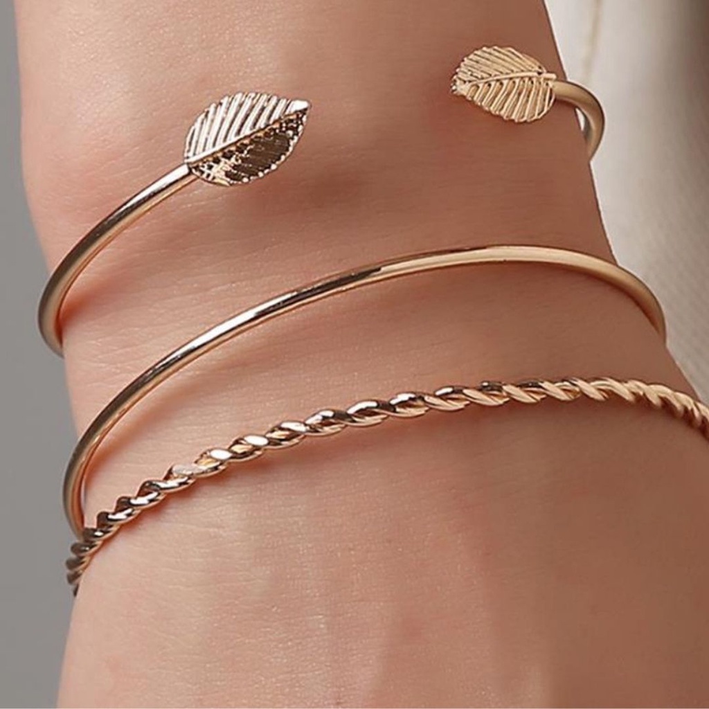 ★ODS★ FA120 Set 3Pcs Gelang Bangle  Motif Daun untuk Wanita