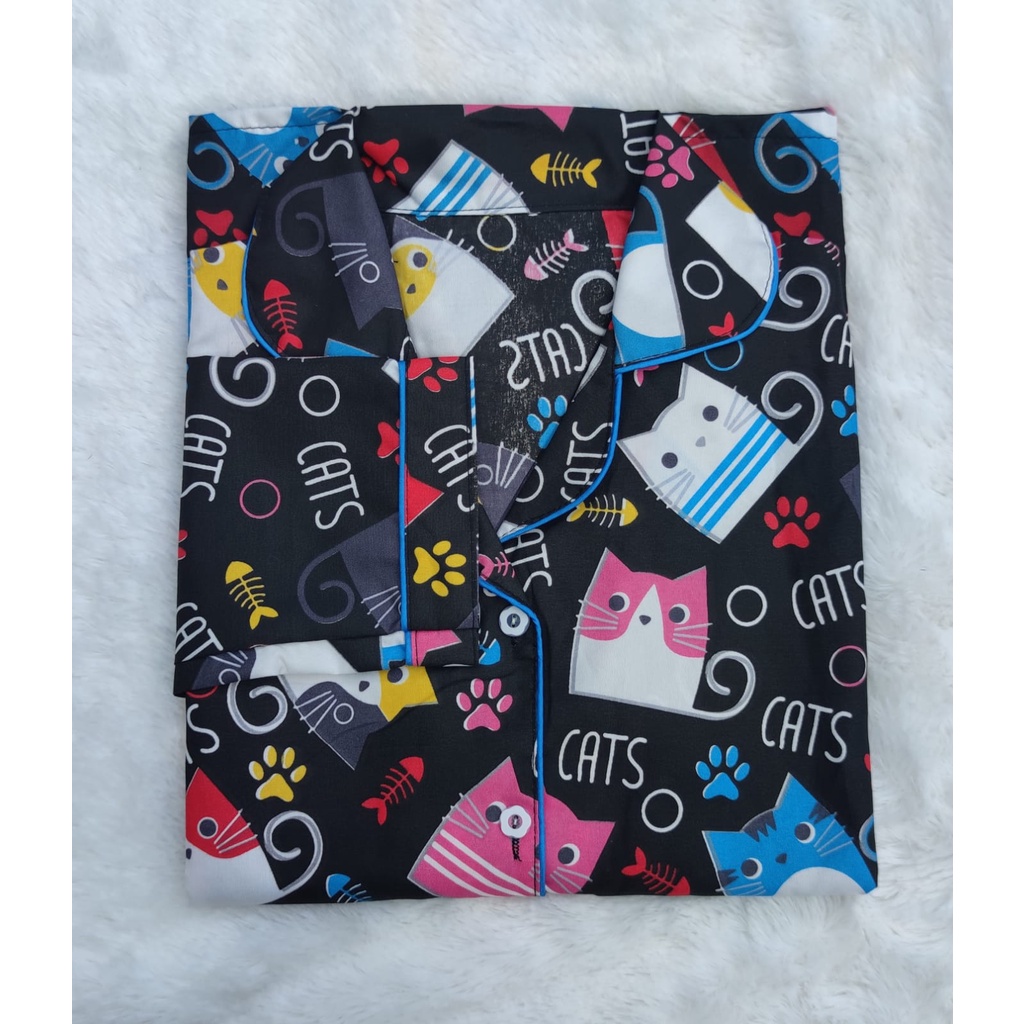 BJ-Piyama PP XXL Wanita Dewasa Murah - Baju Tidur Lengan Panjang-Chubby Cat Hitam