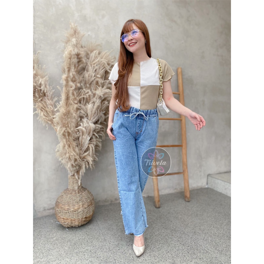 Rubber Cullotes / Celana Kulot Jeans Karet Pinggang Wanita