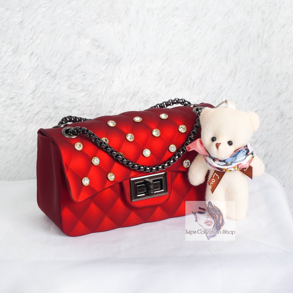 Tas Jelly Matte Kotak  Diamond Size 18 Cm Rantai Hitam (Gratis Boneka &amp; Syal)