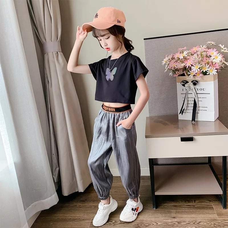 Baju Setelan Crop Top Anak Perempuan Hologram Butterfly