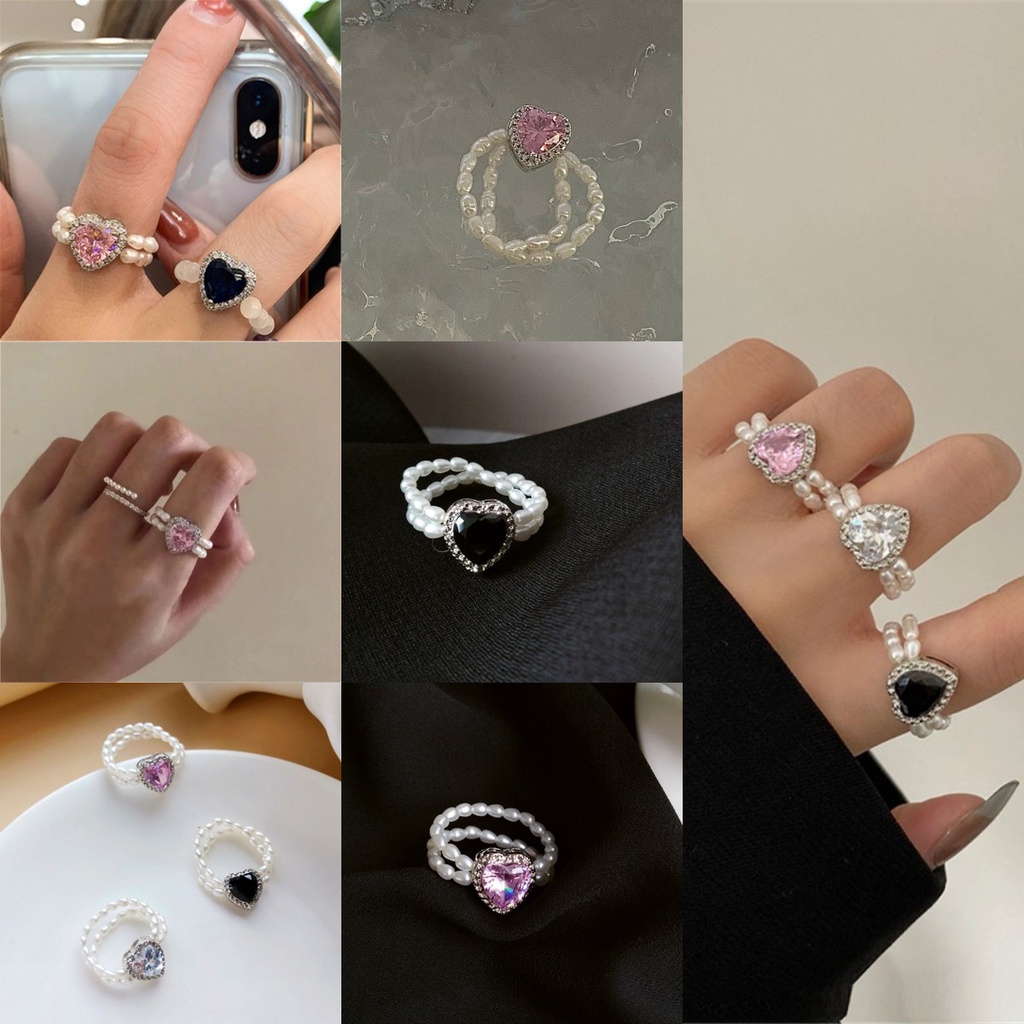 【COD Tangding】Cincin Bentuk Hati Double Layer Aksen Batu Kristal Mutiara Gaya Korea Untuk Wanita