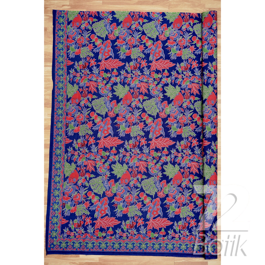 KAIN BATIK KATUN Premium Motif Ikan Koi Warna Biru Hijau Nila 727552 Cap 72 Jarik Jarit Samping Kebat Panjang Batik Katun Modern Premium Bahan Seragam Batik Pernikahan Kantor Keluarga Murah Kamen Jadi Batik Bali Lembaran